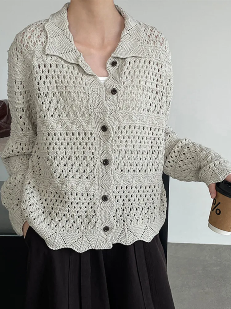 WHTREND 여성용 한국 스타일 웨이브 레이스 중공 니트 카디건 싱글 브레스트 스웨터 코트 WH1389