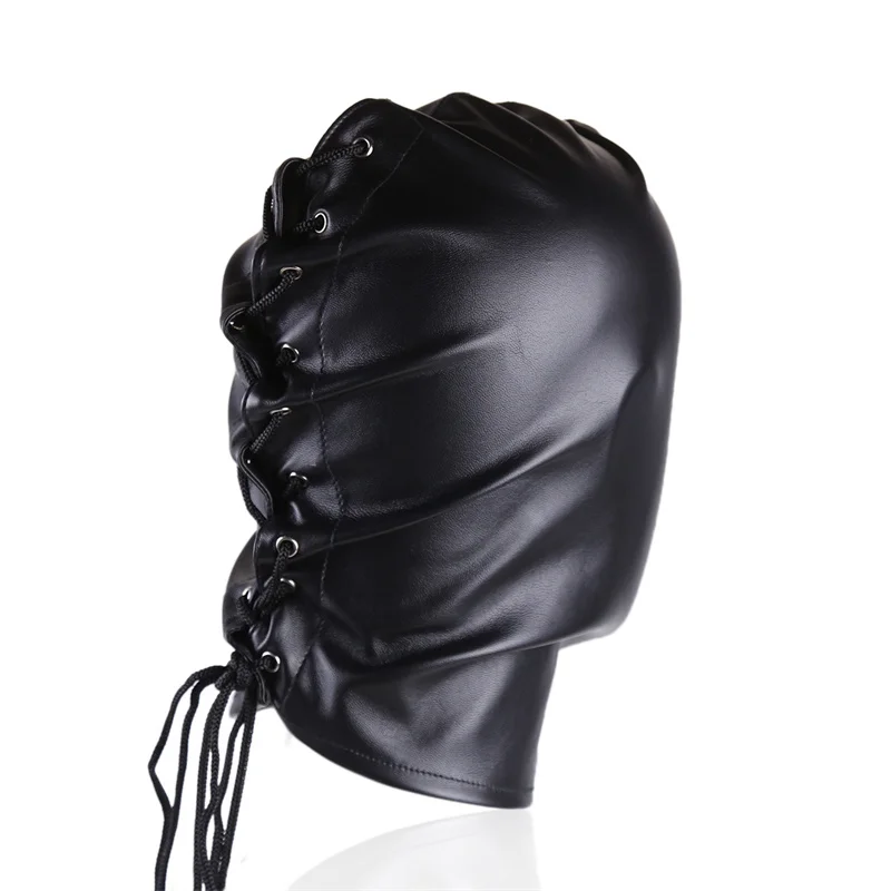 Sexy PU Leather Unisex Cosplay Fetish Face Mask Halloween Drawstring Full Cover Masks Hood for Role Play Exotic Costume Headgear