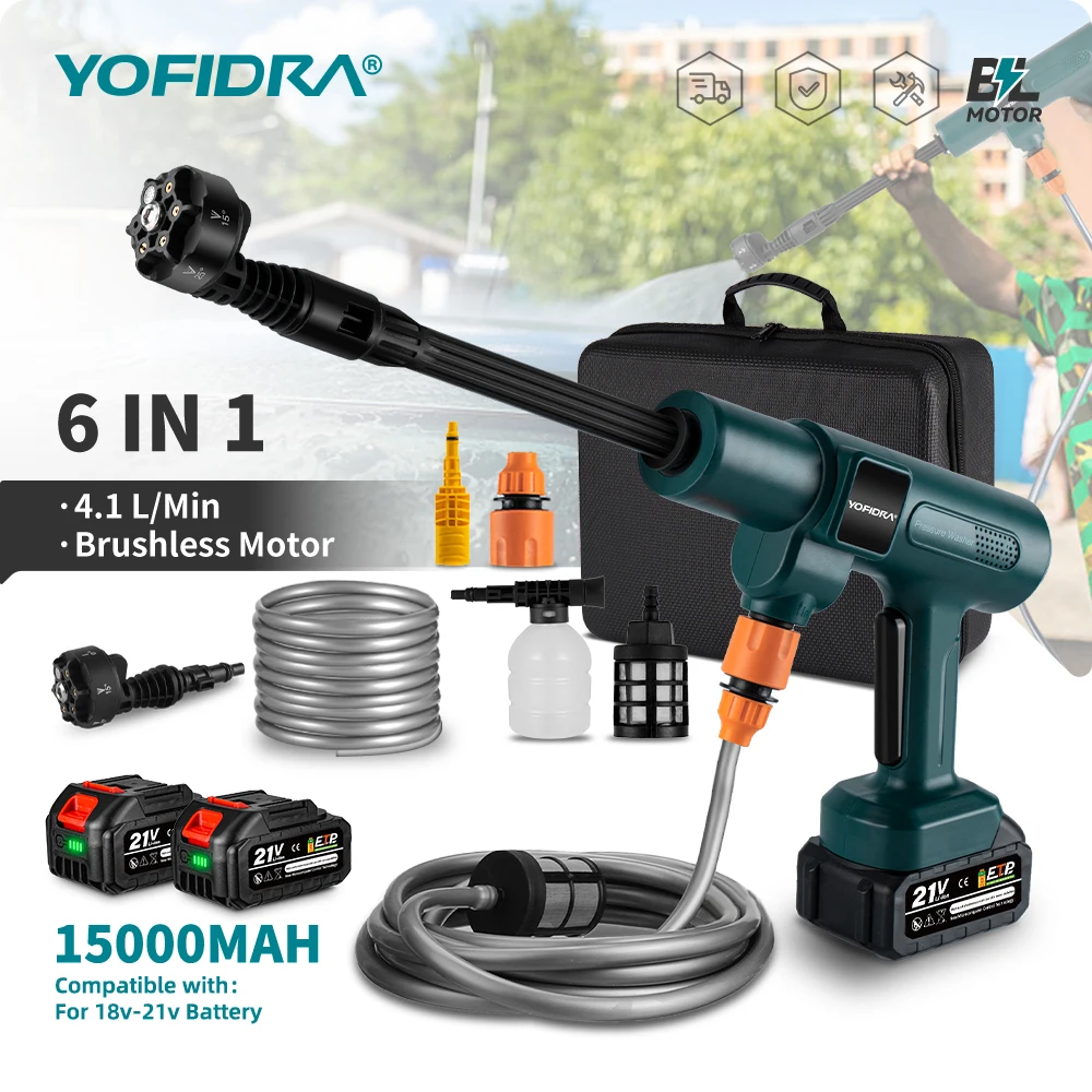 YOFIDRA 200Bar pistolet à eau électrique sans brosse 6-en-1 nettoyage de voiture combinaison d'arrosage de jardin adapté pour Makita 18V batterie broche pistolet de pulvérisation