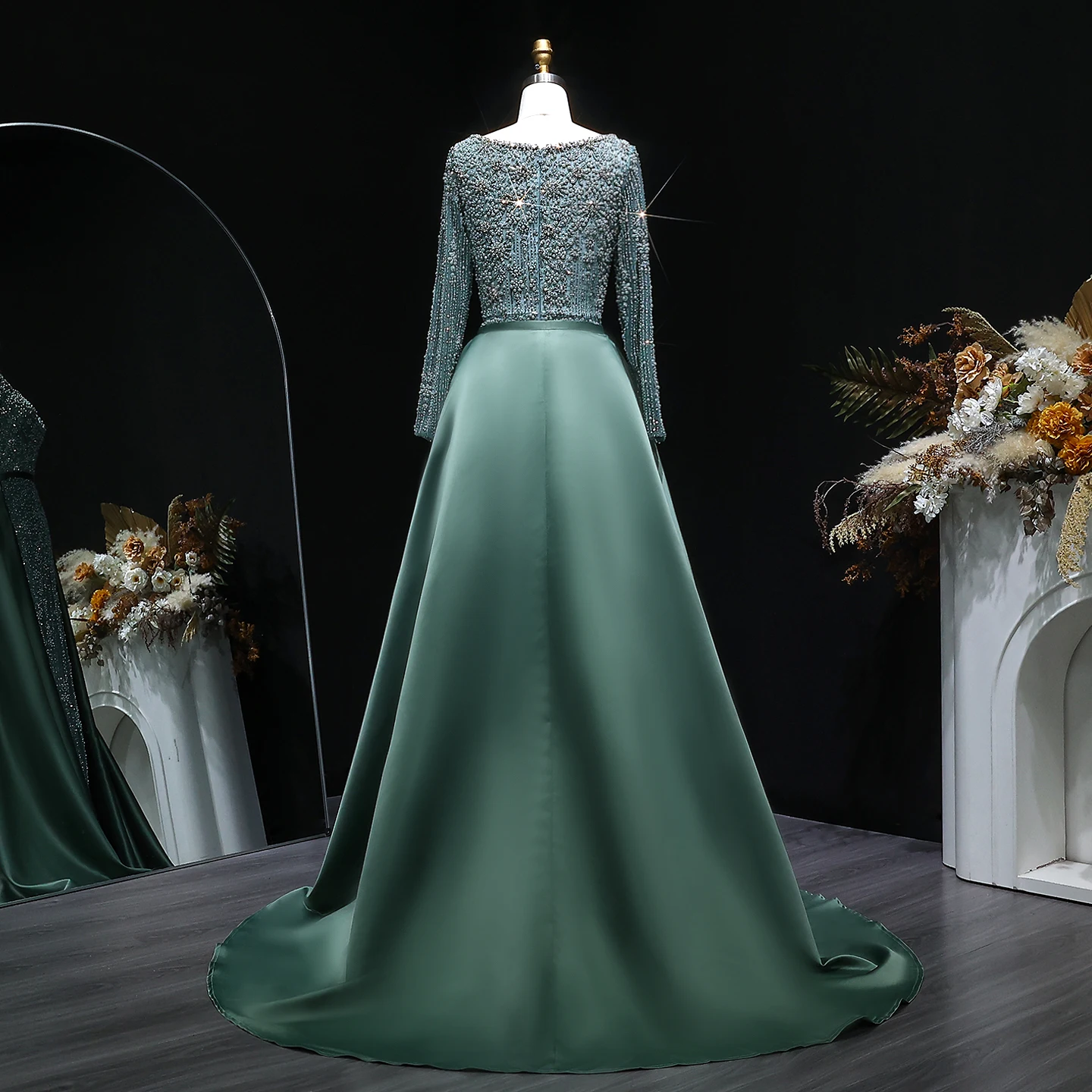 Sharon Said Champagner Meerjungfrauen-Abendkleid mit langen Ärmeln, Überrock, Perlenbesatz, Arabian Nights Ballkleid, formelles Kleid SS119, maßgeschneidert – Detail 12