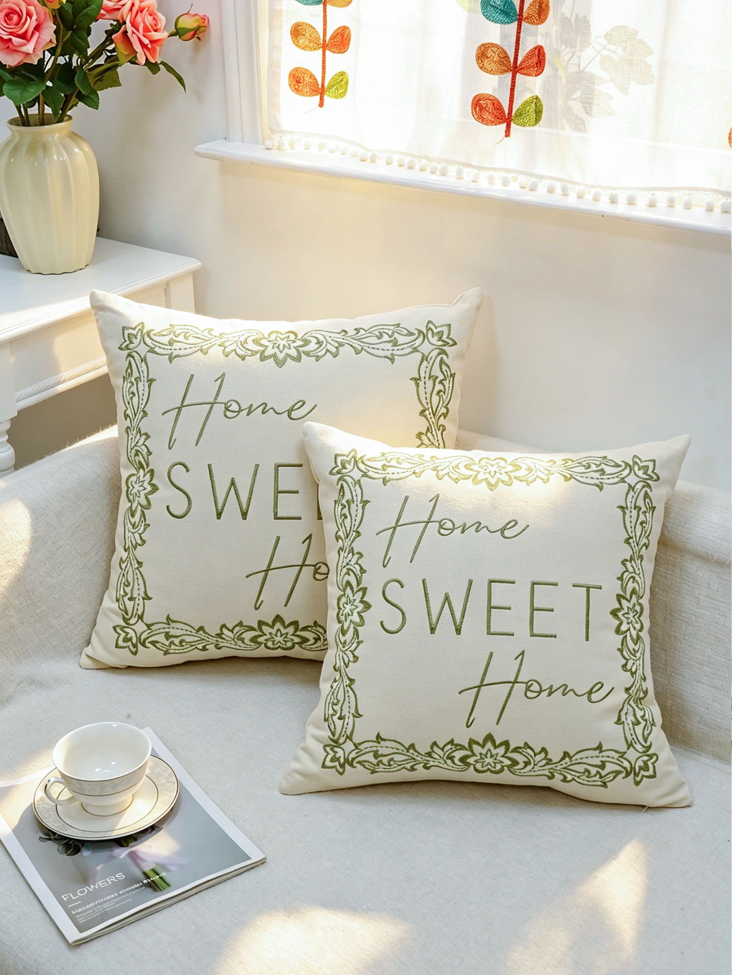 1PC Green Floral Pattern Embroidery Artwork Multi-Sized Home Universal Pillowcase without Pillow Insert