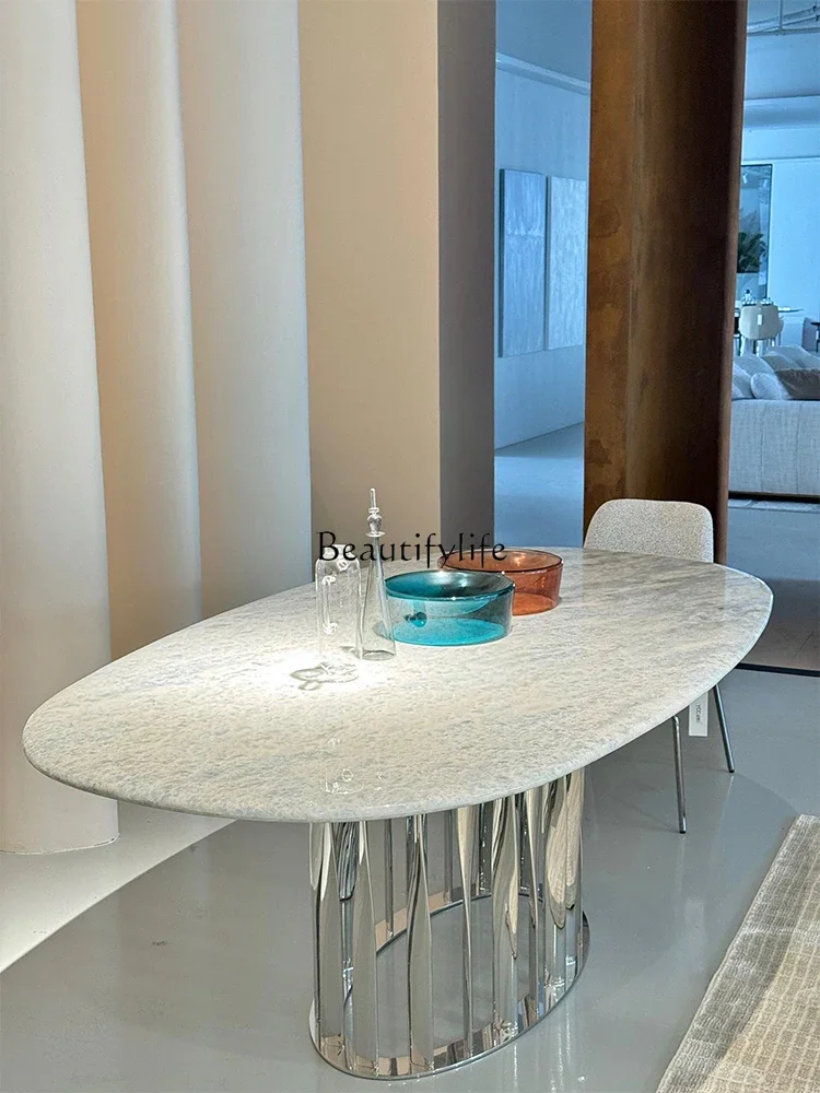 

z.Blue Crystal Natural Marble Dining Table Light Luxury High-End Oval Luxury Stone Dining Table
