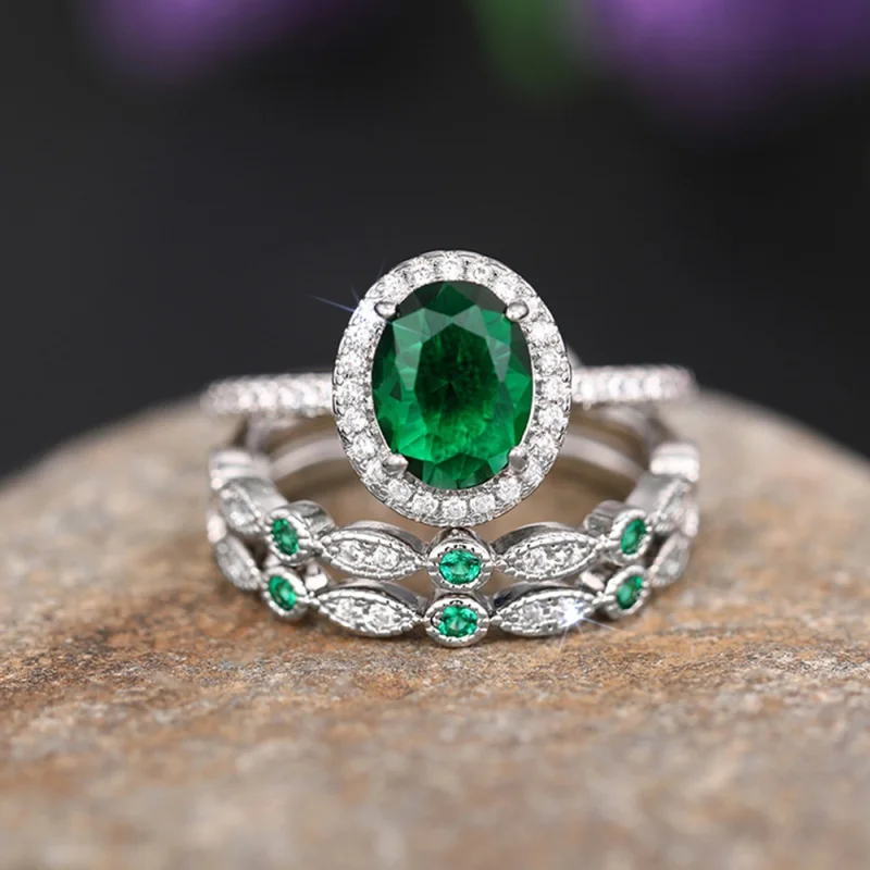 CAOSHI Three Color Available 3Pcs Set Thin Finger Rings with Oval Green Cubic Zirconia Creative Versatile Bridal Wedding Jewelry