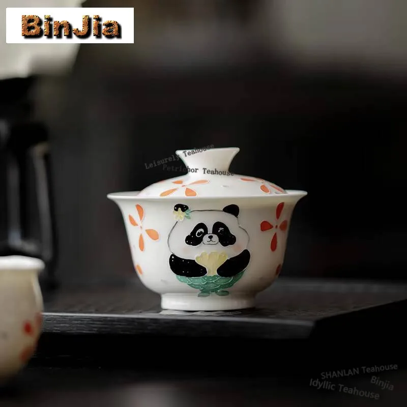 

130 мл нарисованная панда Гаявань, роскошная ворса, резные маленькие животные, не терка для горячего чая, крышка для приготовления чая, миска, аксессуары для рукоделия