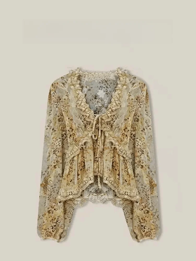 

Elegant Leopard Print Lace Trim Lightweight Casual Top Trendy Age-Defying Long Sleeve V-Neck Women's Fashion Spring Summer