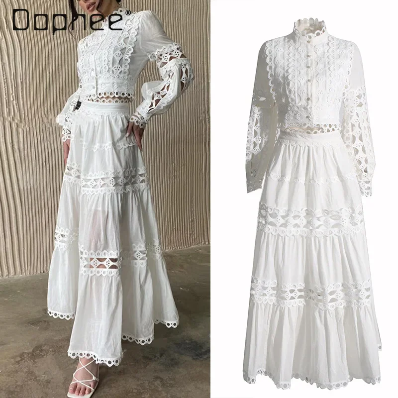 Ladies Lace Hollow Out Two Piece Set Stand Collar Long Sleeve Short Shirt + High Waist A Line Long Skirt Solid Color Elegant