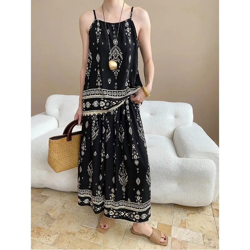 

Women Bohemian Ethnic Print Camisole Elastic+ High Waist Skirt Two-piece Set Summer Fashion Basic Sleeveless French Lady Suit