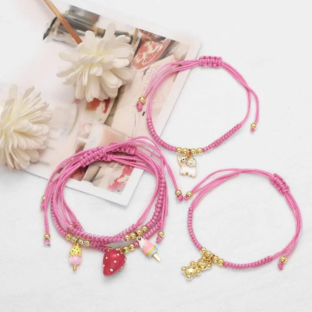 FLOLA Enamel Red Strawberry Bracelets for Women Fuchsia Rope Chain Elephant Bear Bracelets Gold Plated Jewelry Gifts brth82