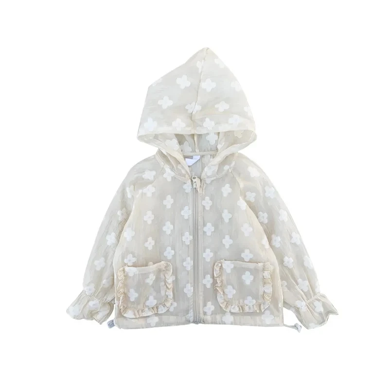 Summer Fashion Lightweight Kids Sun Suit Tops Floral Embroidery Lovely Girls Coats Drawstring Hooded Zip Baby Jackets 1-8 Years