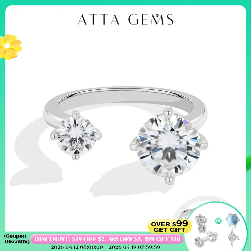 

ATTAGEMS Two Stone Round Cut Moissanite Ring for Women 100% S925 Silver Personalized Open Rings Daily Wear Korean Style Jewelry