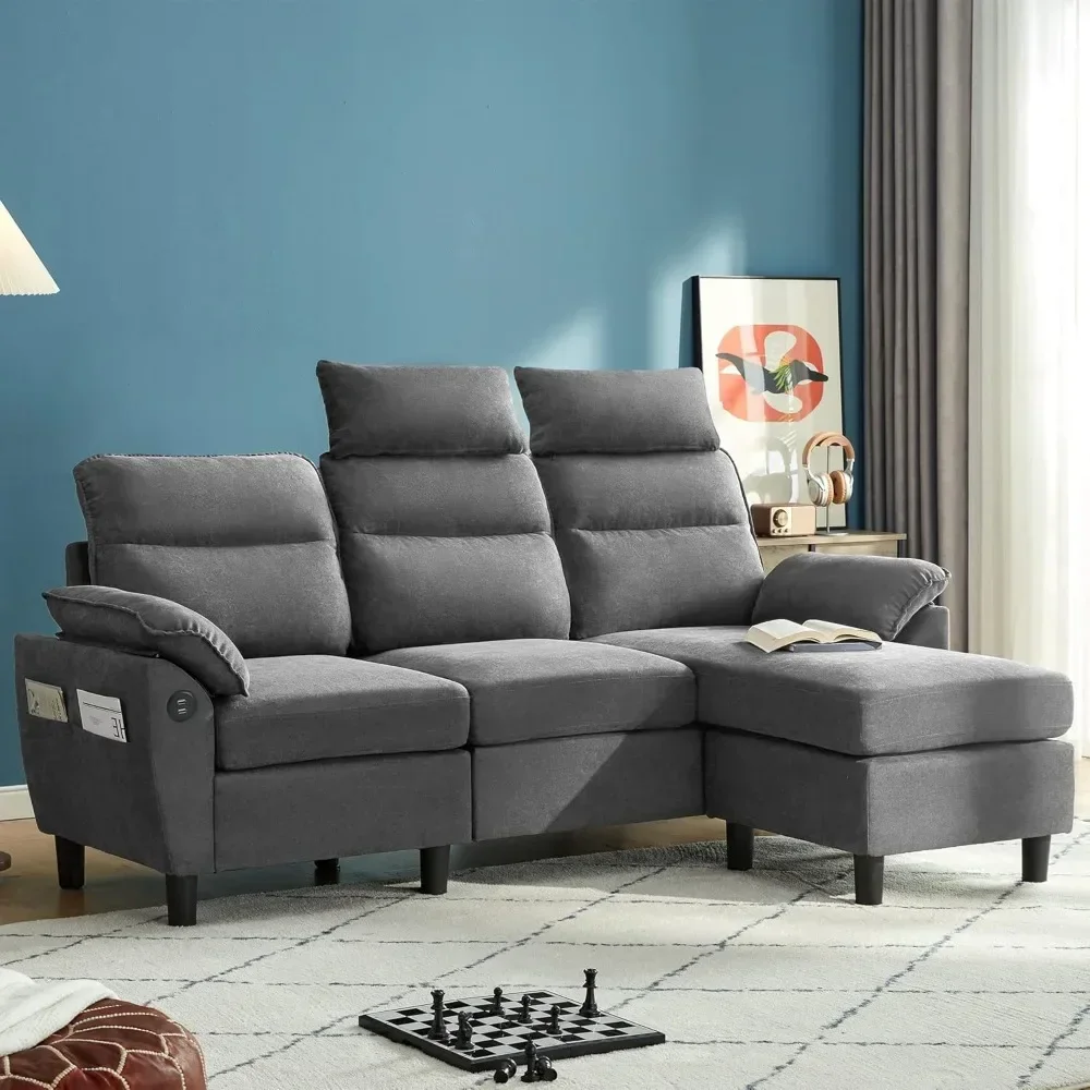 Convertible Sectional Sofa Couch 3 Seat L Shaped Sofa with USB Ports and Storage Bags Perfect for Small Living Room