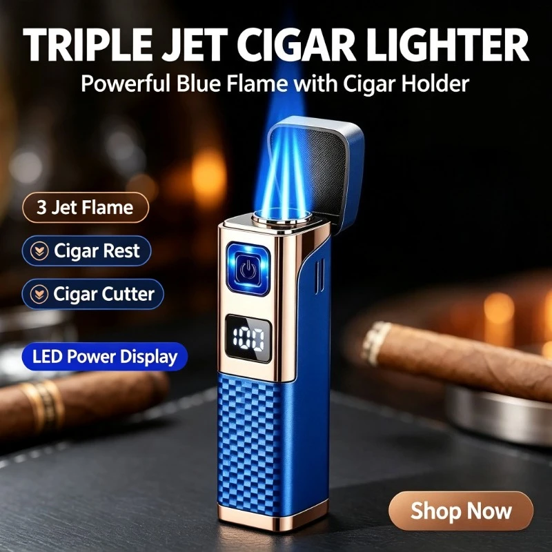 2025 Type‑C Gas‑Electric Cigar Lighter, Multi‑Functional Windproof Triple Flame, Visual Gas Window & Digital Battery Display