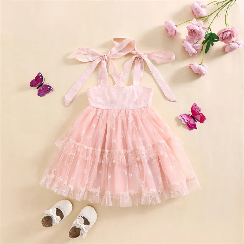 

Little Girls Summer Princess Dress Sleeveless Bow Embroidery A-line Cami Tulle Dresses