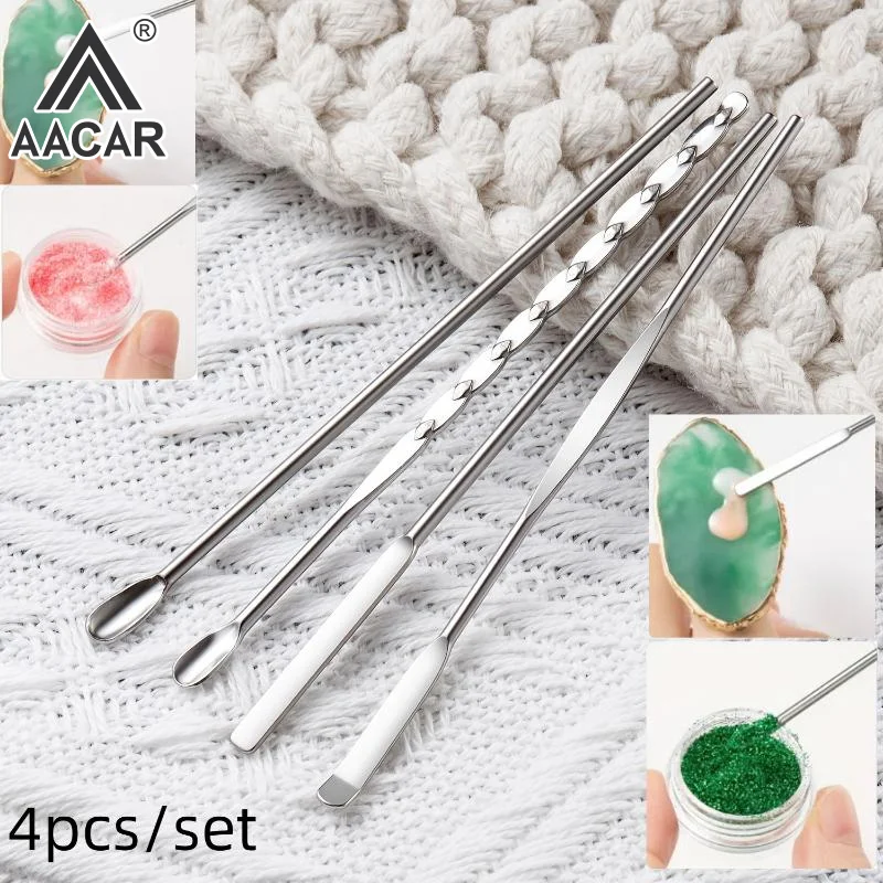 4 pçs ferramenta de haste de agitação da arte do prego pó de aço inoxidável líquido gel polonês colher espátula fundação ferramenta de mistura