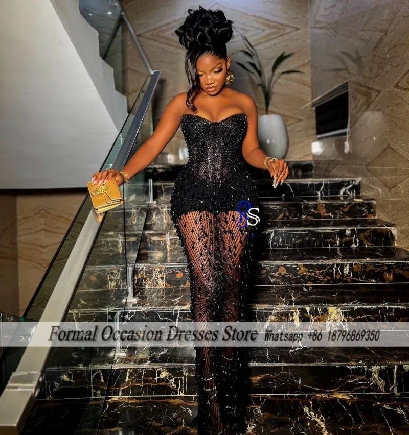 Sexy Black Prom Dresses 2026 For Blackgirls See Through African Women Birthday Dress Crystal Long Party Outfits Customized image 2