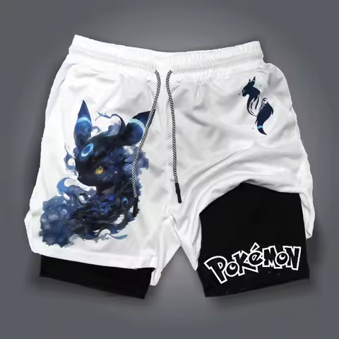 2025 Japanese Anime Pok&eacute;mon Men's Summer 2 in 1 Shorts Umbreon Graphics Man Gym Fitness Double Deck Shorts Harajuku Causal Pants