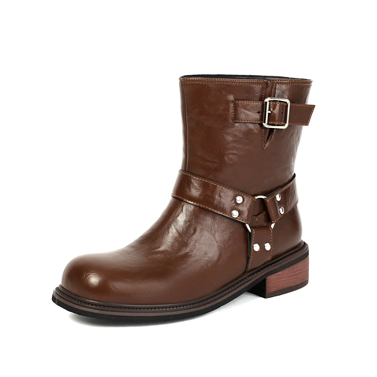 

Women's Ankle Boots Belt Buckle Slip-On Short Booties with Chunky Medium Heel for Riding And Festival Style Shoes