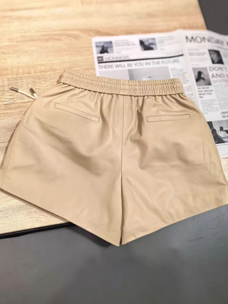 Autumn New Soft Natural Sheepskin Females Shorts Elastic Waist Casual Wide Leg Above Knee Mini Genuine Leather Short Trousers
