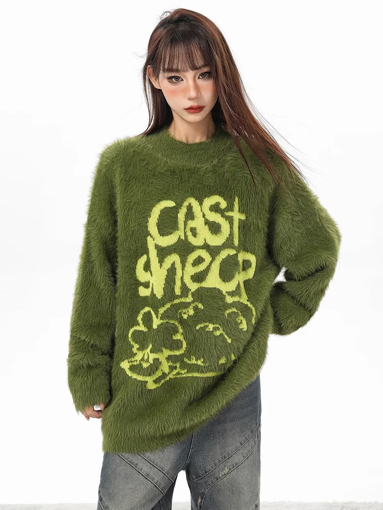 New Women Autumn Winter Velvet Sweater Fashion O-Neck Long Sleeve Knitted Oversized Pullover Casual Loose Green Letter Sweater