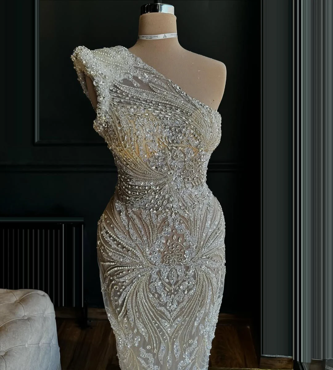 Exquisite One Shoulder Long Prom Gown Sequined Beads Cocktail Dresses Customized Awards Ceremony Dress