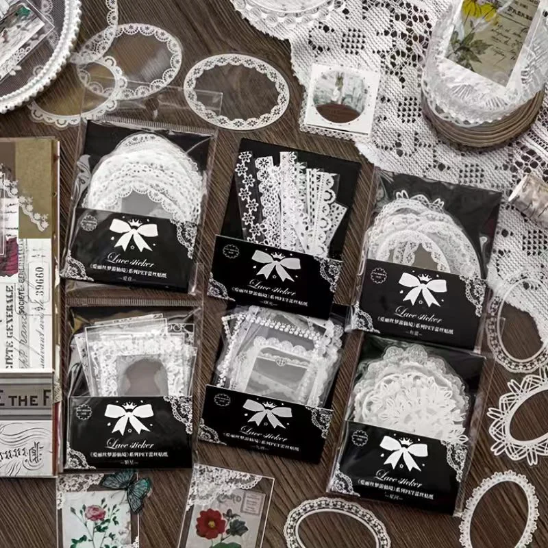 1 hoja de pegatinas de la serie Alice, pegatinas temáticas de encaje hueco con tinta blanca, pegatinas retro frescas