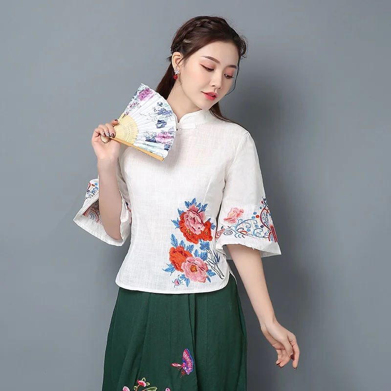 Blusa tradicional china para mujer, camisa oblicua, traje Tang de algodón Zen, cuello mandarín, Top Cheongsam, V2779