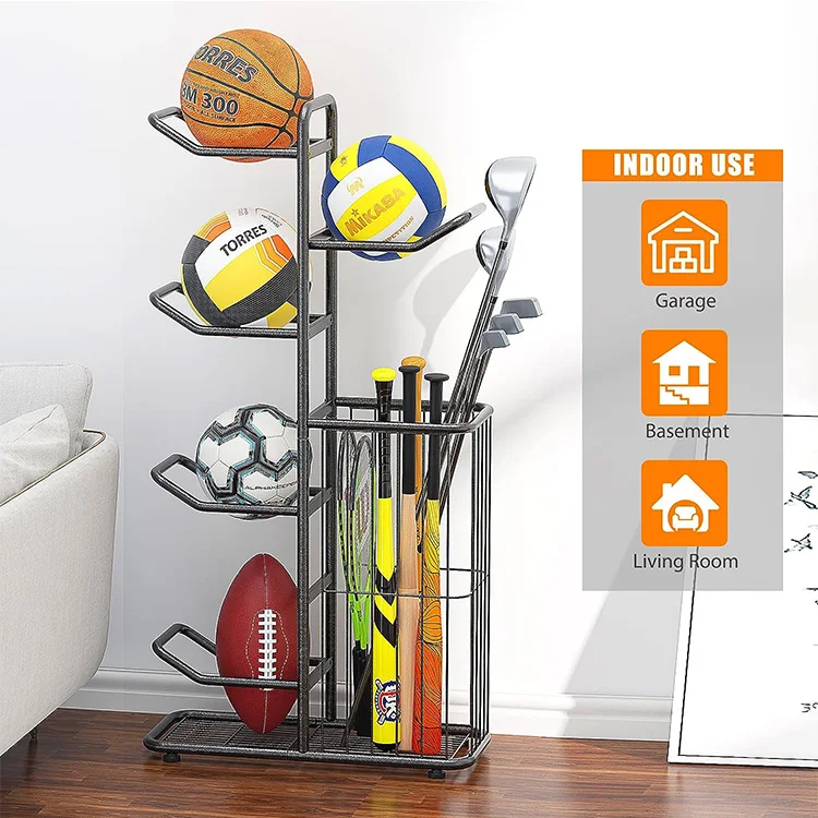 Piccolo espositore per basket con scaffale per attrezzature sportive a 5 palline con cestino portaoggetti