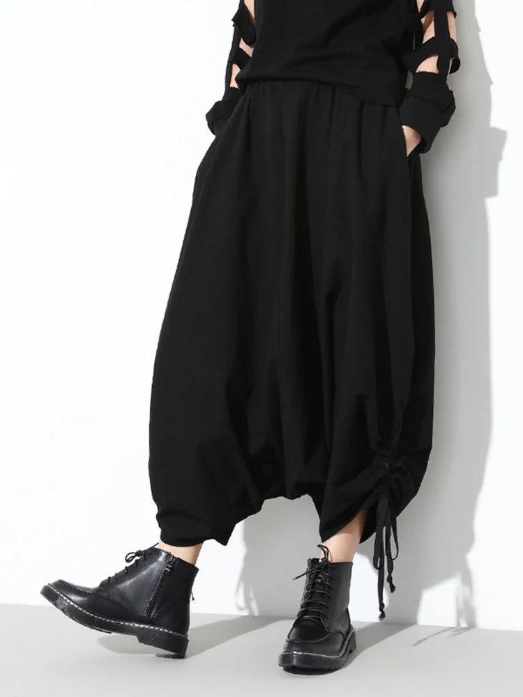 [EAM] High Elastic Waist Black Long Drawstring Harem Trousers New Loose Fit Pants Women Fashion Tide Spring Autumn 2024 1DE9505