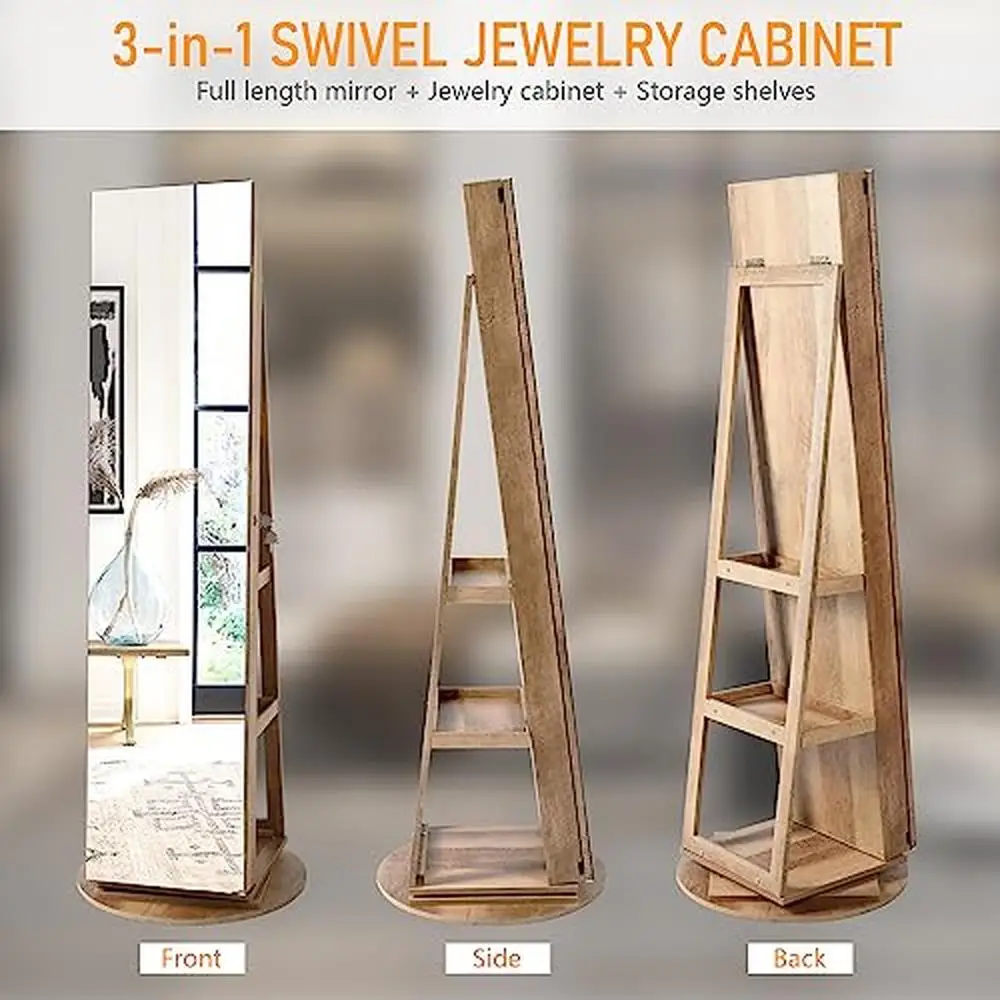 Jewelry Cabinet Mirror Lights Organizer Stand Up Armoire Storage 63" Full Length Triple Benefits 360 Swivel LED Lockable