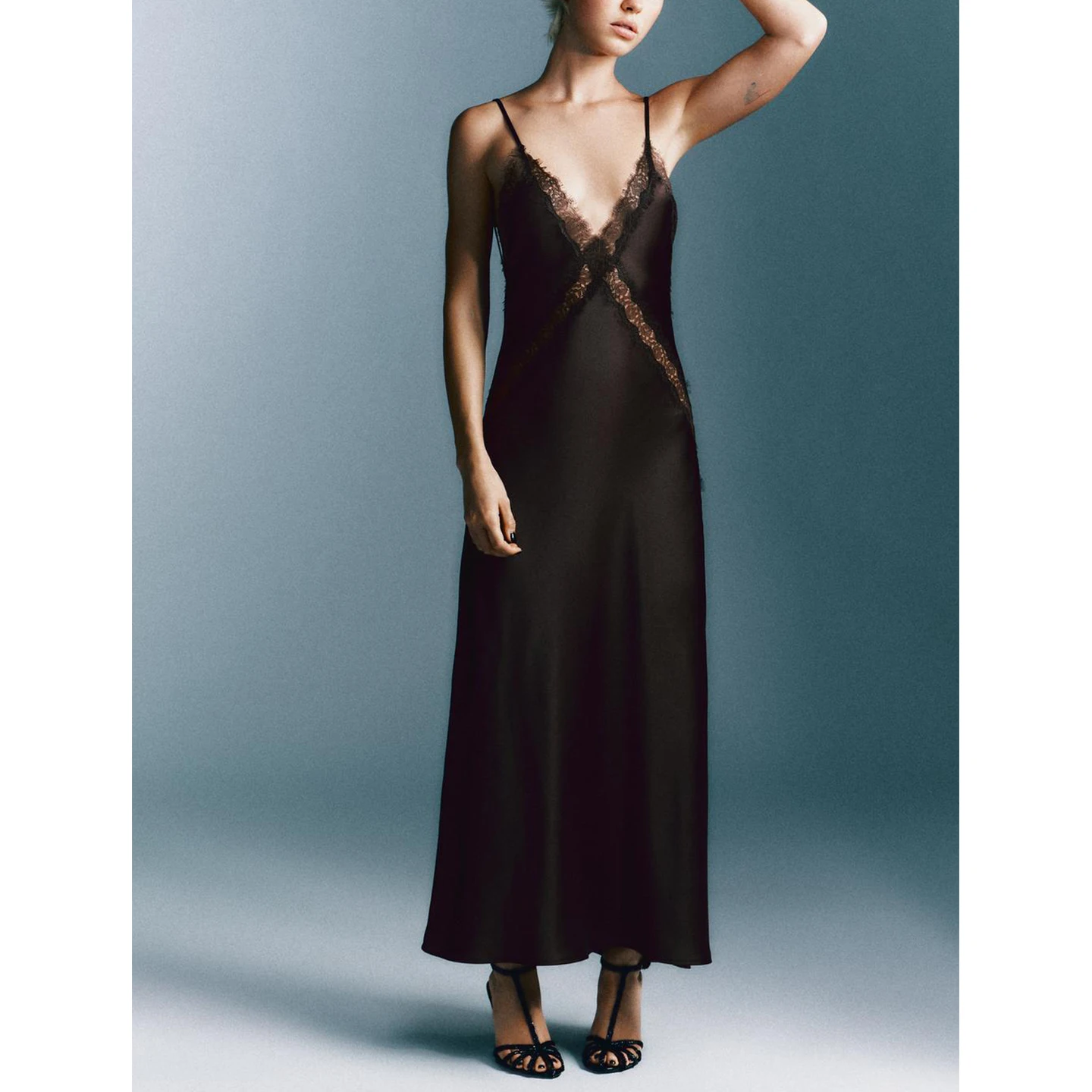 Hiver nouveauté femmes décontracté Sle Strapl soie Satin sensation Midi Dr fibre de Polyester No Sve v-ne coupe ajustée