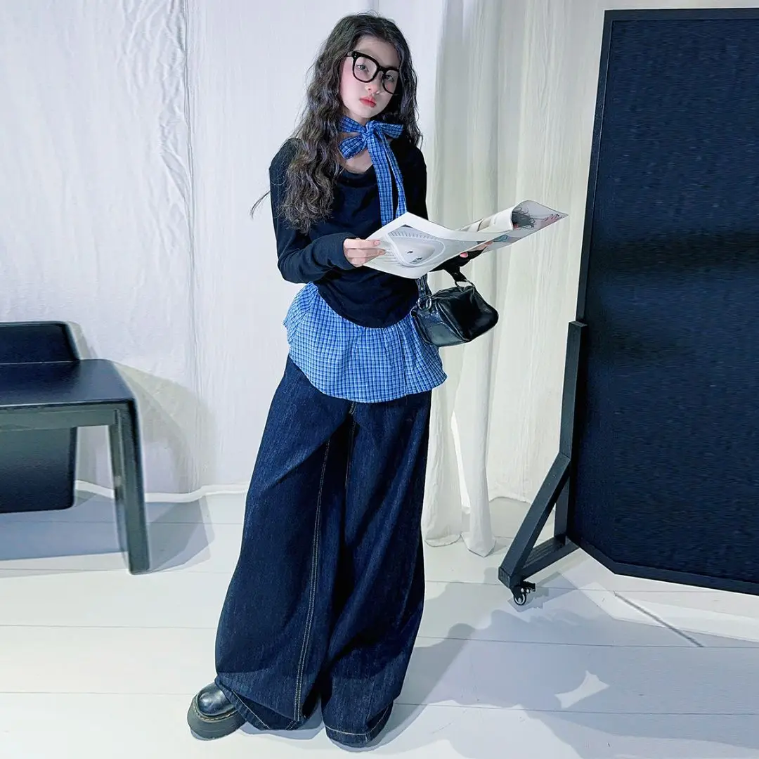 Spring Autumn Kids Tracksuit 2pcs OutfitGirls Plaid Splice Long Sleeve Top And Loose Jeans Set Children's Clothing