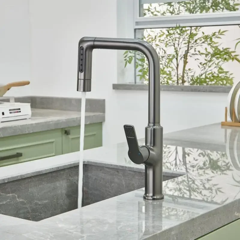 Gun gray kitchen faucet pull-out vegetable sink hot and cold copper splash proof sink balcony rotating