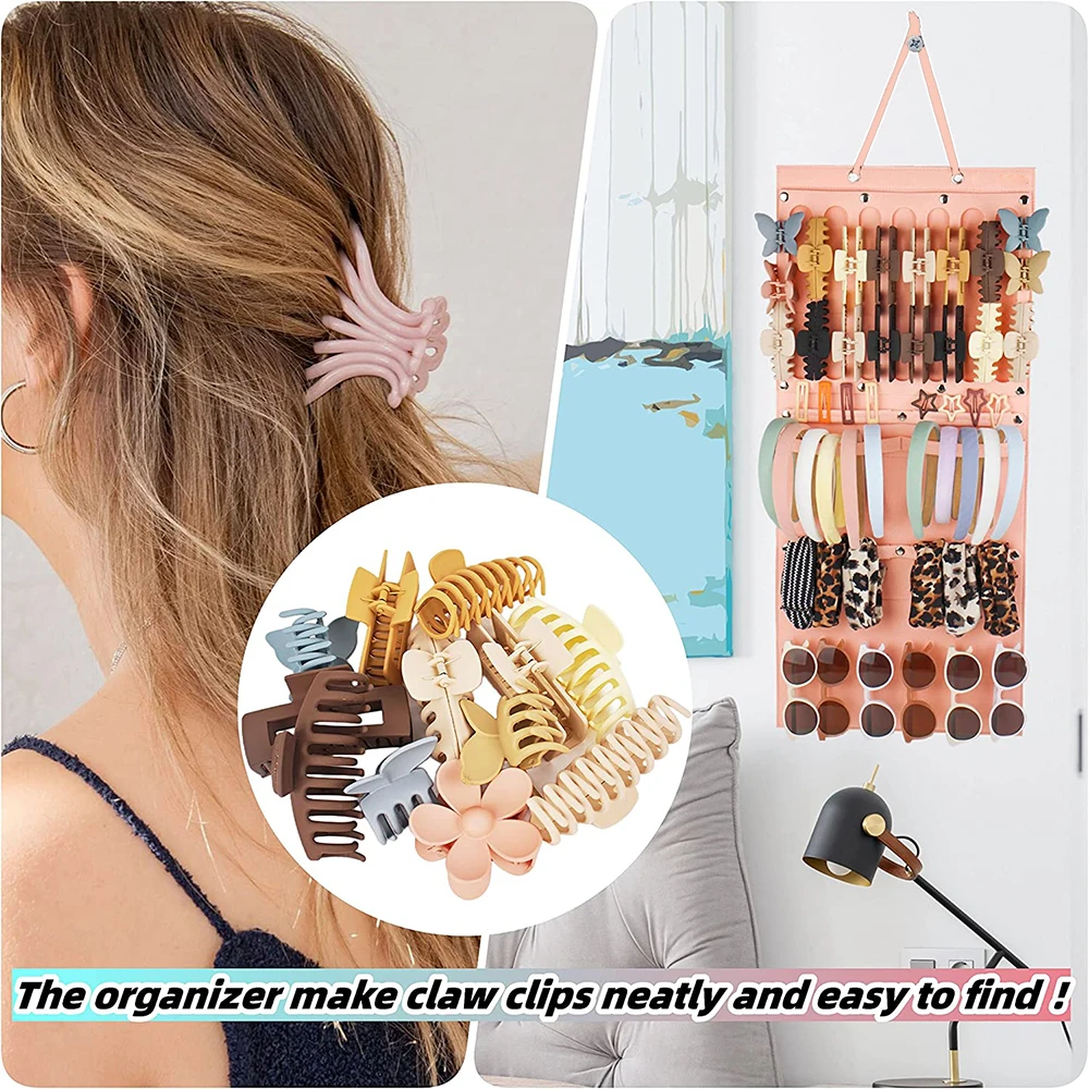 Hanging Hair Claws Clip Storage Pink Organizer for Women Girls Felt  Headbands Display Hairpin Sunglasses Accessories Holder Bag