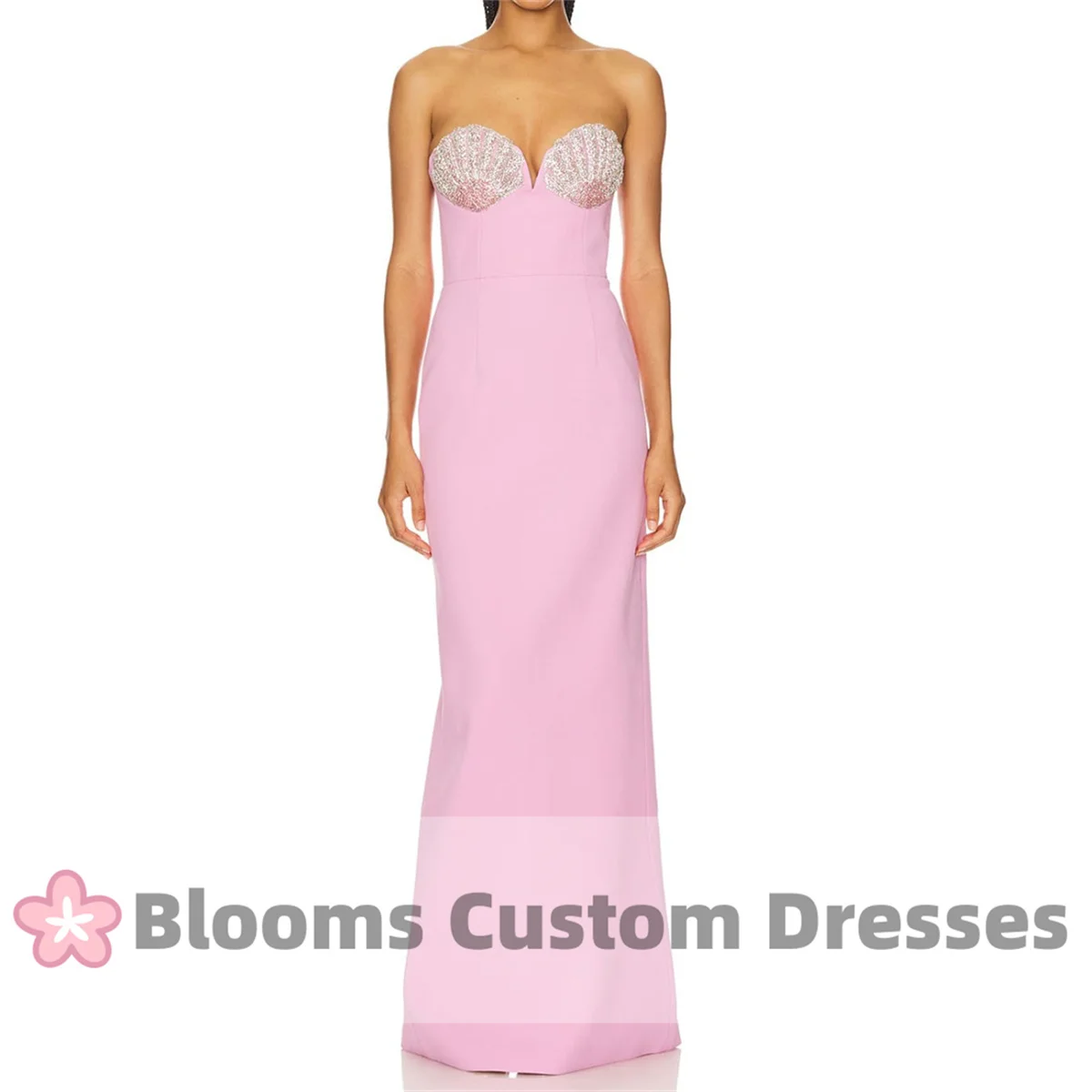 Robe de Soirée Personnalisée avec Col en Coquillage Perlé et Brcorporelle, Gaine en Crêpe Rose, Tenue de Bal avec Fente Arrière