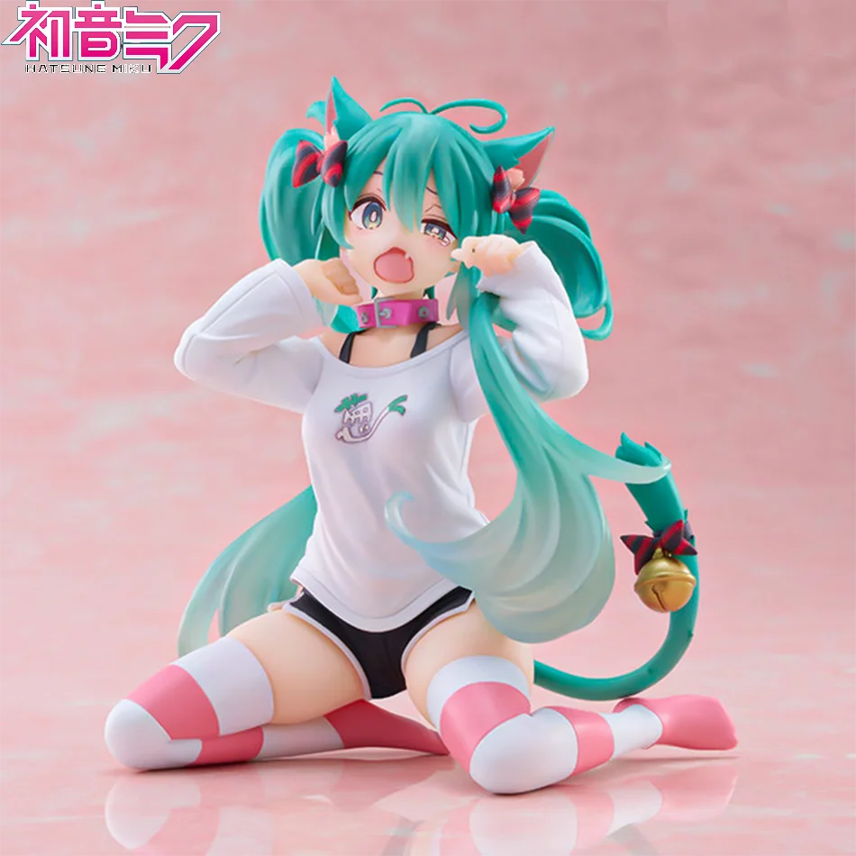 Hatsune Miku Desktop Linda figura de acción 11 cm Neko camiseta Ver. Pijamas con orejas de gato, estatuilla de Anime, modelo de niña Kawaii, regalos de juguete