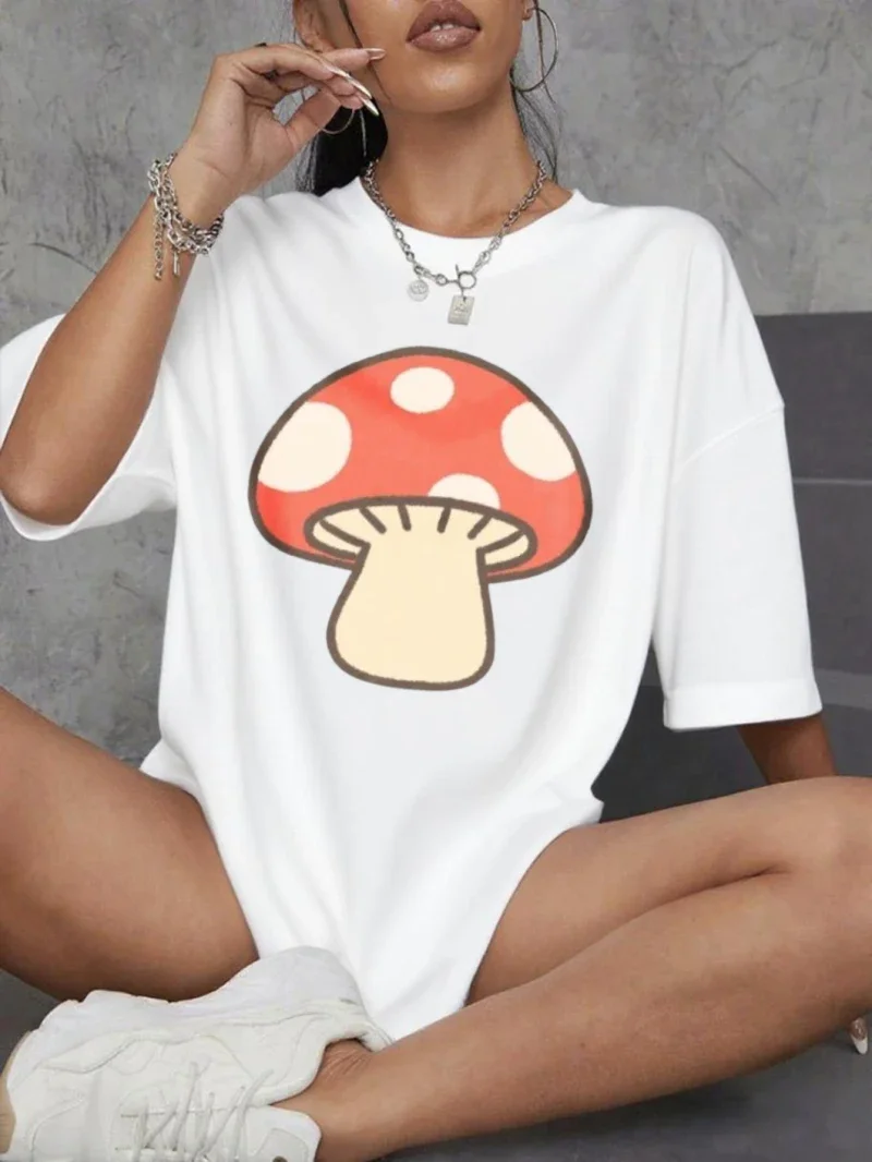 

Женская футболка с короткими рукавами в мультяшном стиле с грибами, красный принт, круглый вырез, свободный крой, стильный летний топ для пары, женская одежда