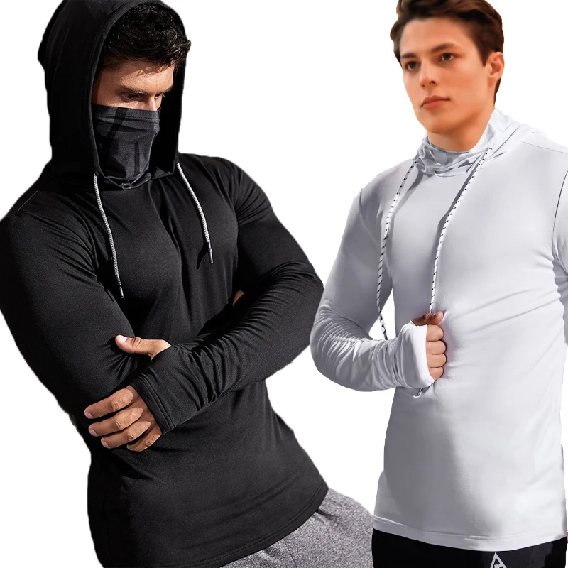 New Men Gym Thin Hoodie Long Sleeve Hoodies with Mask Sweatshirt Casual Splice Large Mask Hoodie Sweatshirt Hooded Tops Cycling