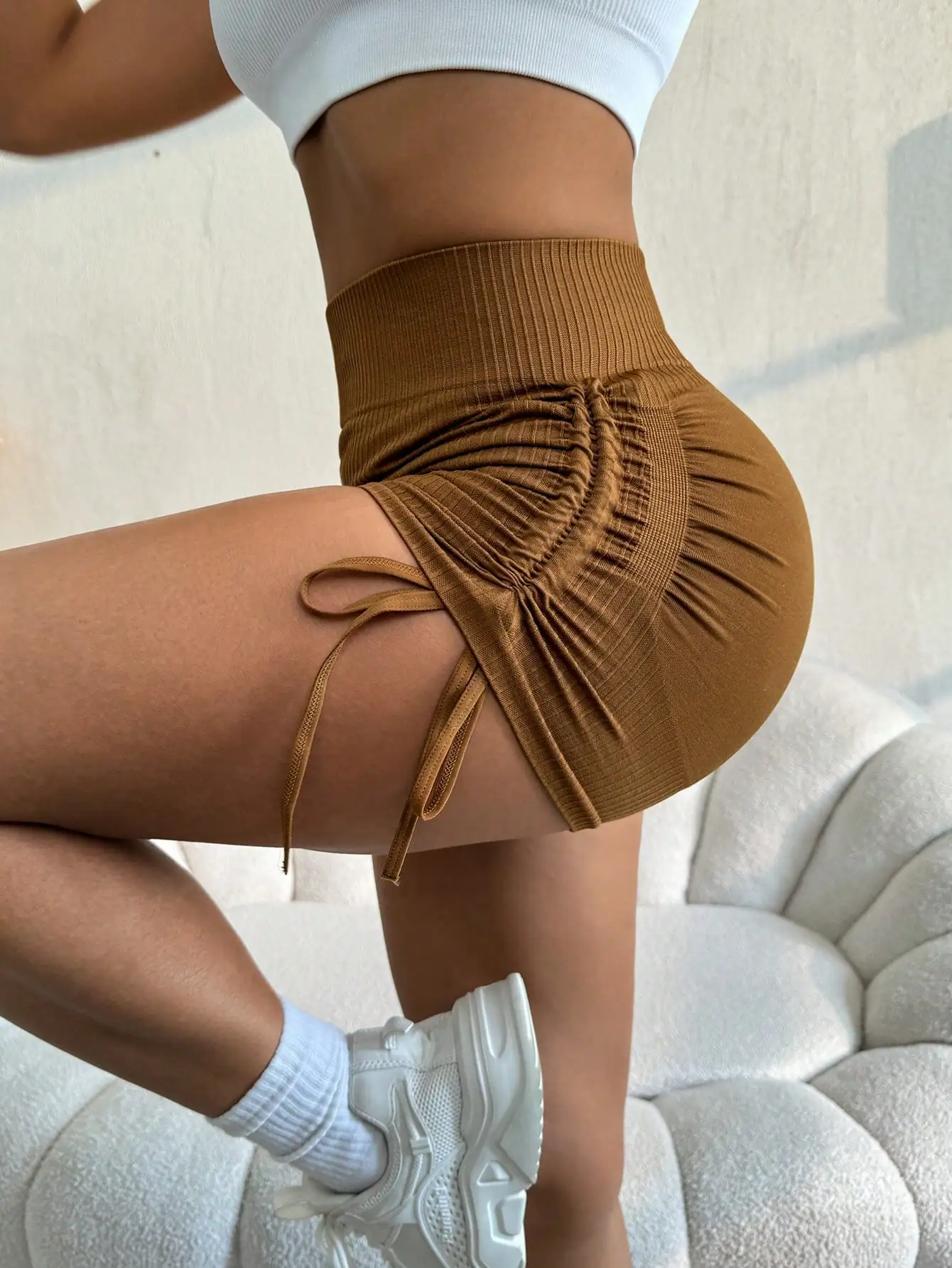 High-Waisted Seamless Short Length Sports Leggings Shorts - Slight Stretch, Frill Detail, - Ideal for Yoga and Fitness