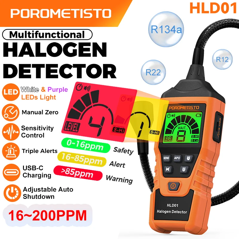 Detector de Fugas de Gas Halógeno HLD01 Recargable con Alarmas de Nivel/Audio/Visual, Luz LED, Sensor de Gas de Alta Sensibilidad para R134a, R22, R12