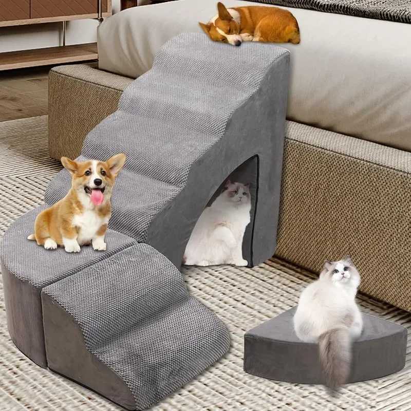 Schuim hondentrappen en treden opritten voor hoge bedden 25-30 inch hoog hoog, 6 treden huisdiertrappen, antislip voor kleine honden, oudere honden/katten