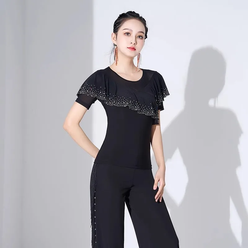 

Костюмы для латинских танцев по индивидуальному заказу, тренировочная одежда, одежда для бальных танцев с короткими рукавами, одежда для выступлений, квадратные высококачественные топы для женщин