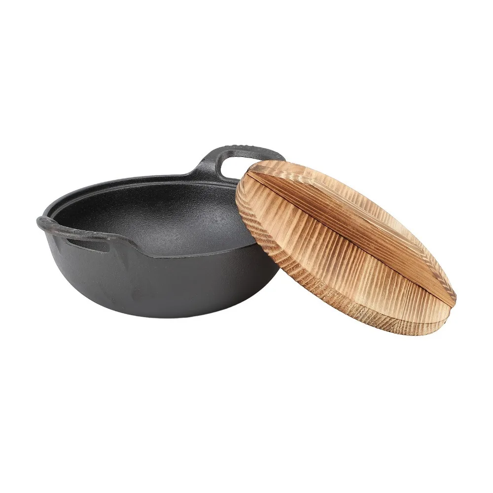 Olla de Hierro Fundido Resistente, Tipo Wok, Sin Recubrimiento, con Tapa de Madera, Sartén de Gran Capacidad con 2 Asas, para Cocina China