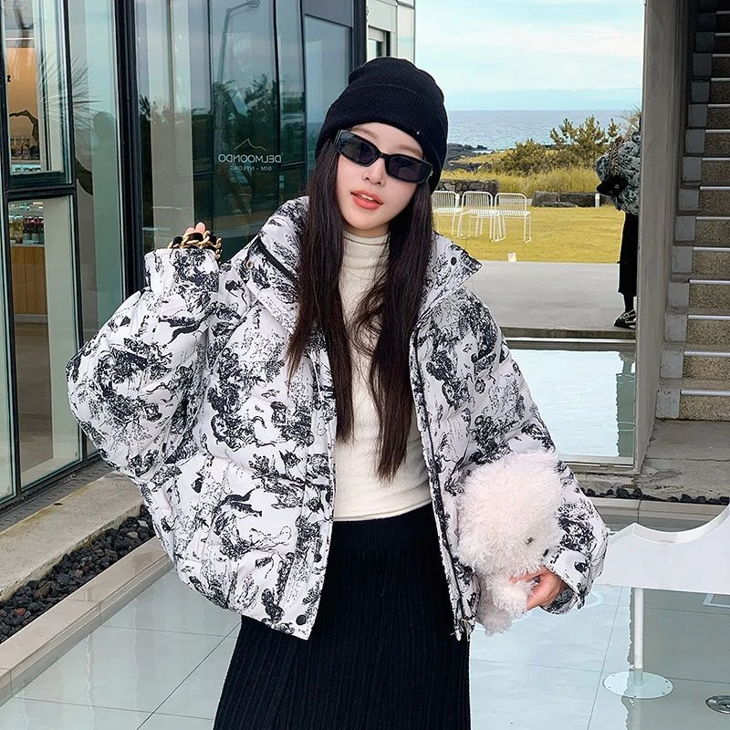 Vintage Ink Print Puffer Cotton Padded Loose Warm Jacket Winter Thick down bubble Coat Windbreaker outfit women korean cloth y2k