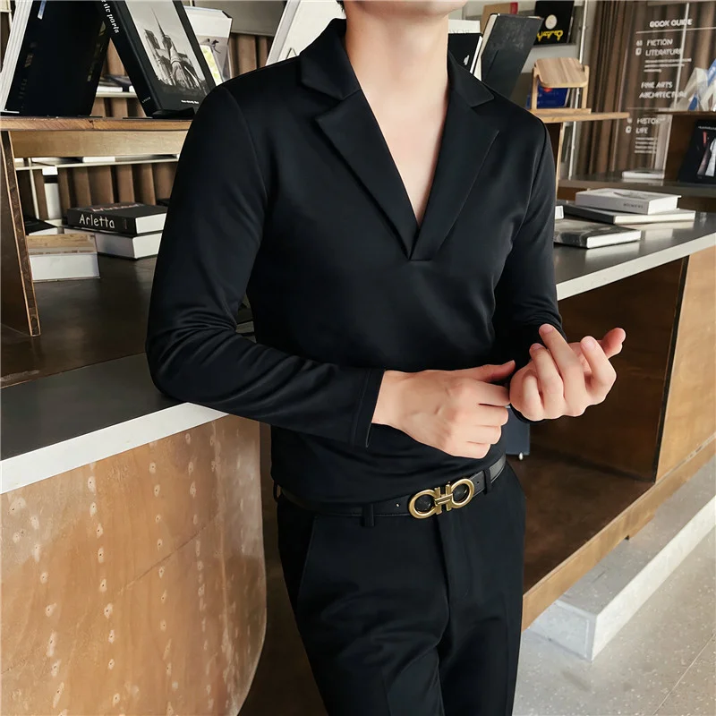Cuban Collar Long Sleeved Shirt Autumn New Fashion Fashion Deep V Neck Design Loose Casual Shirts High Quality Dress Top
