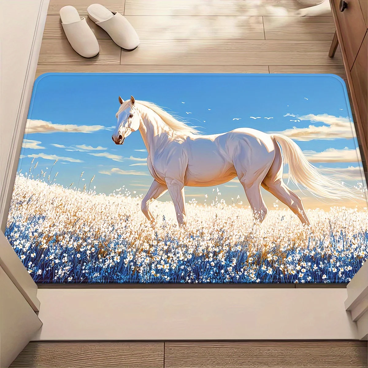 VIKAMA White Horse Doormat Wild Flower Grassland Scenery Print Non‑Slip Washable Entrance Mat Nature Home Decor Floor Rug