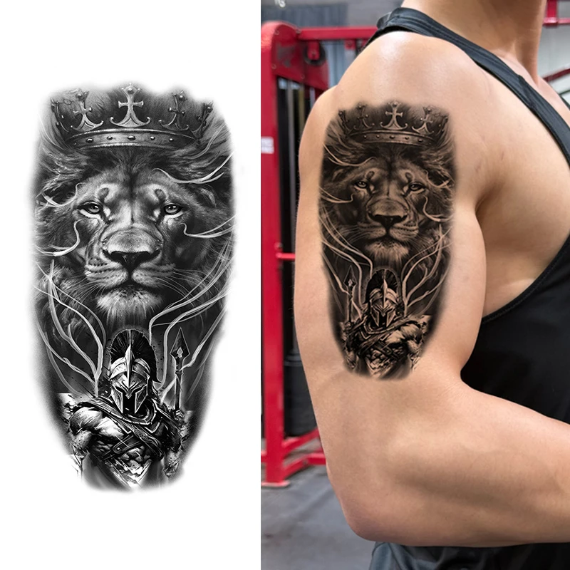 

Татуировки наклейки воин лев с короной животное для мужчин женщин временные водонепроницаемые праздничные вечерние половина руки макияж боди-арт