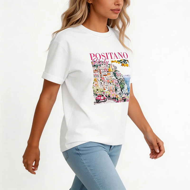 2026 Women's Casual Short Sleeve T Shirt with An Italian Coastal Landscape Print 90s Graphic T-Shirt Vinatge Tees Tops Tshirt