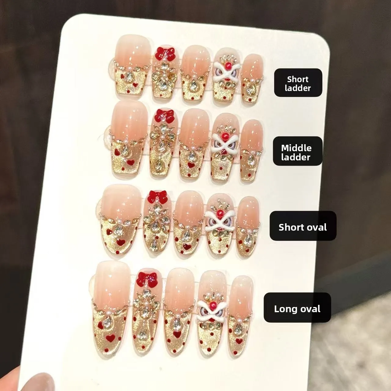 10Pcs Chinese New Year Handmade Press On Nails Lion Dance Wedding Nail Art With 4-PIECE Tool Adhesive Nail Glue Tabs