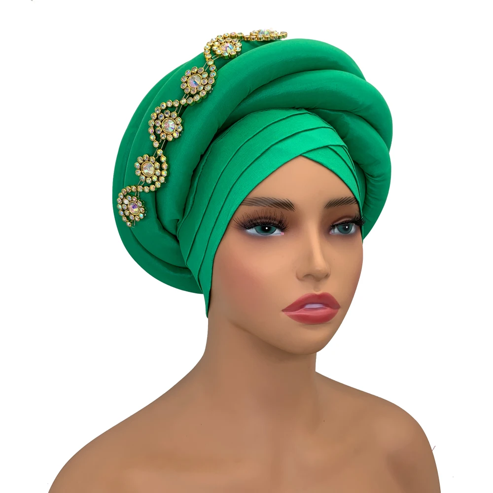 Twisted Braid Turban Cap for Women African Lady Head Wraps Diamonds Nigeria Raw Silk Autogele Headtie Muslim Hat Party Headwear