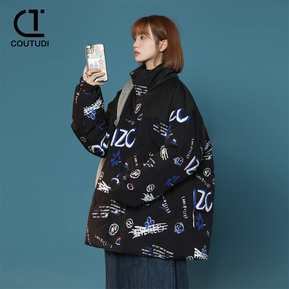 COUTUDI-Cotton-Padded Printed Down Jacket for Women, Outdoor Streetwear, Warm Female Clothes, Trending, Winter, New, 2024